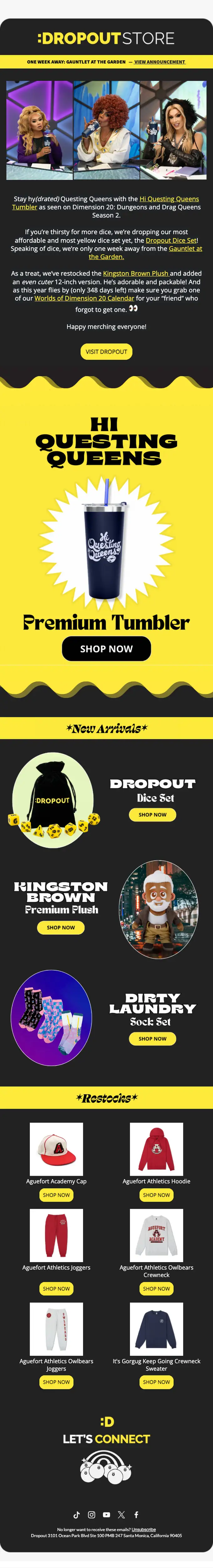 Dropout Merch product launch email, full length