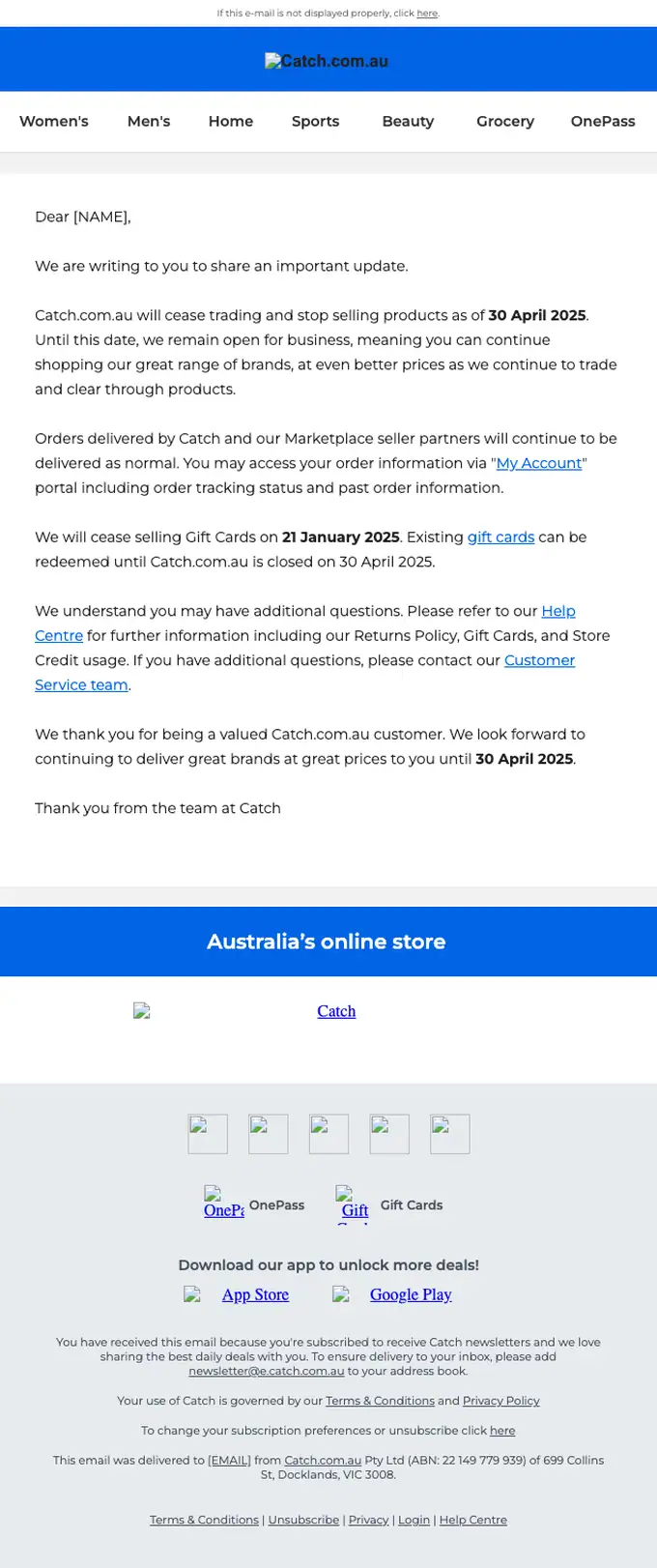 Catch account notice email, full length