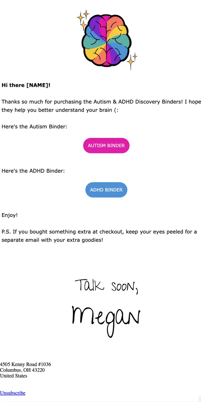 The Neurocuriosity Club | Megan order confirmation email, full length