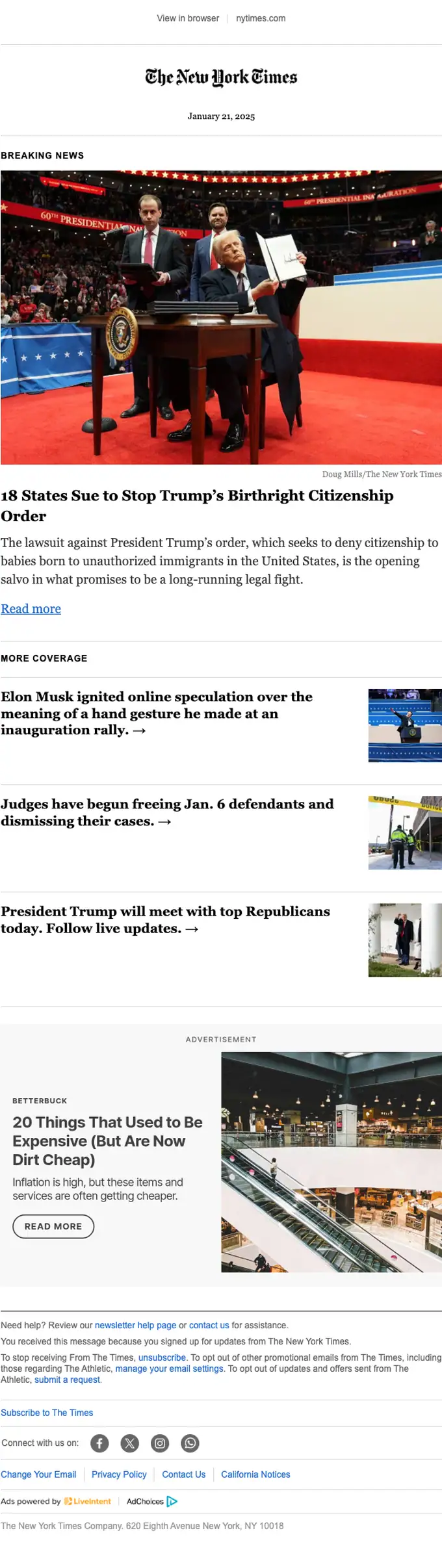 The New York Times newsletter email, full length