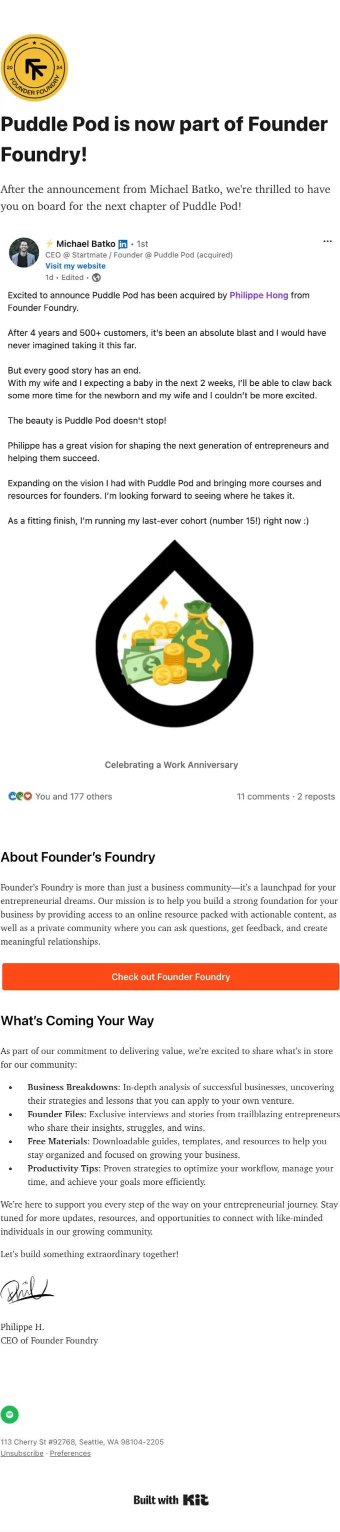 Founder Foundry account notice email, full length