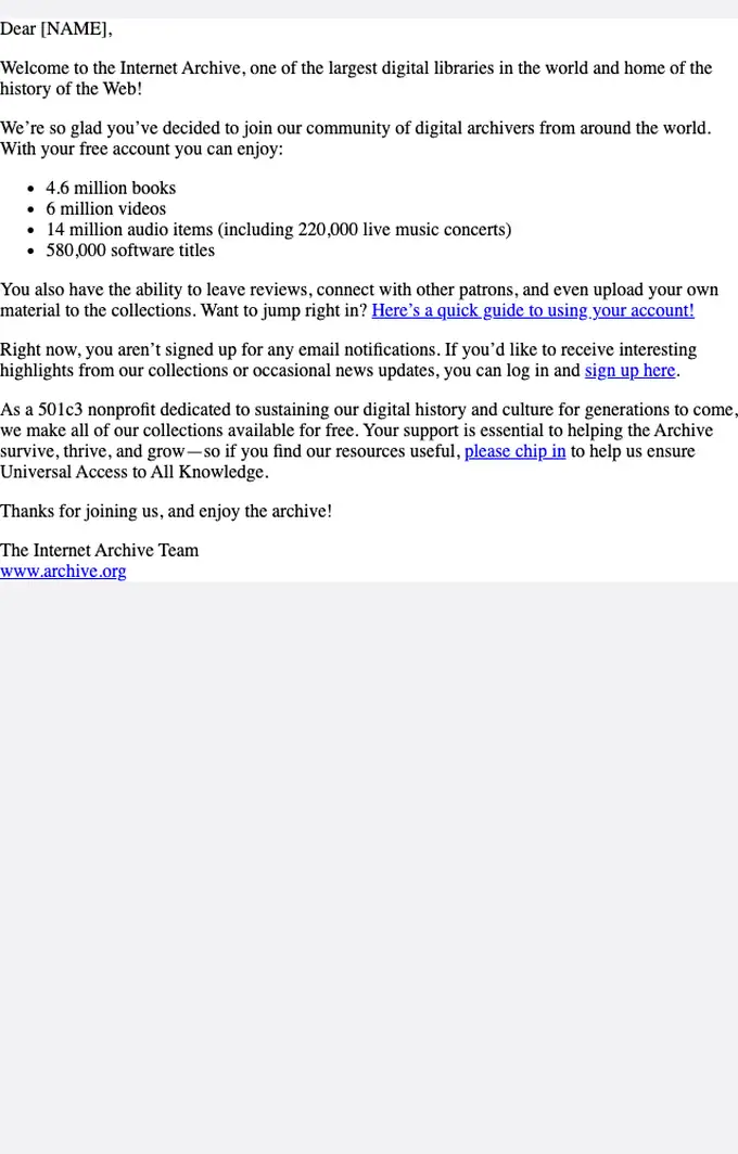 Internet Archive welcome email, full length