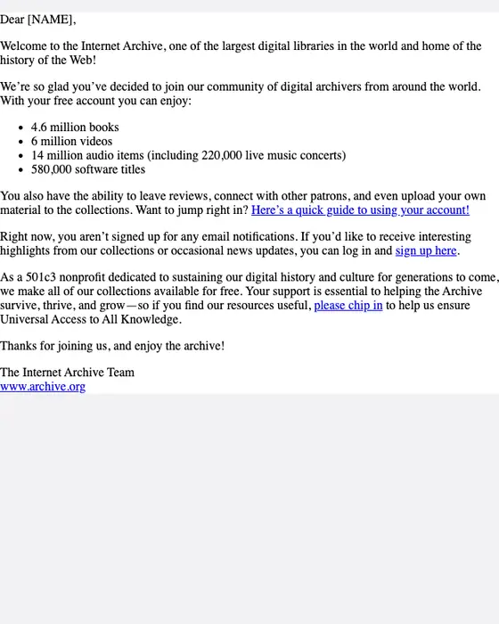 Internet Archive welcome email