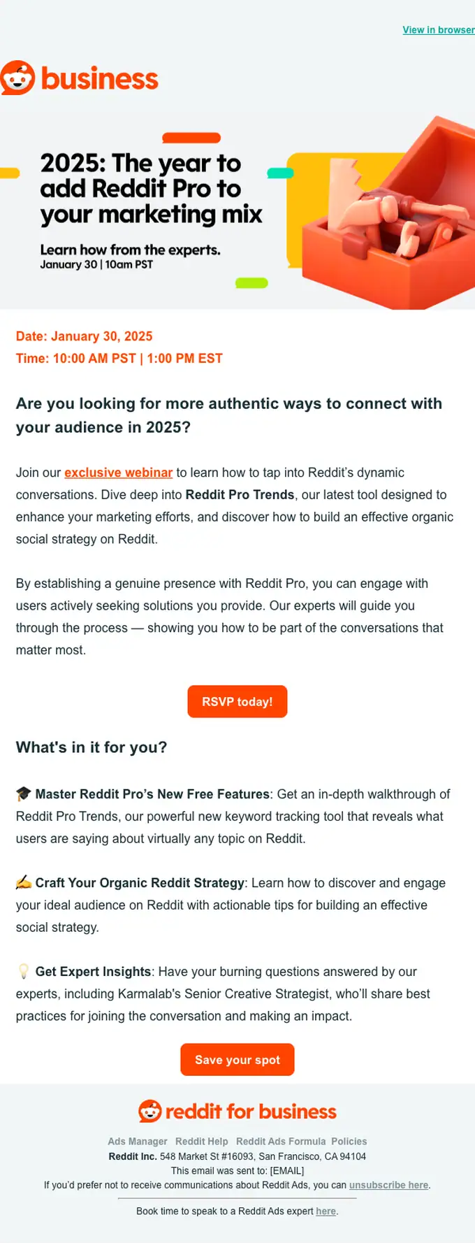 Reddit for Business webinar email, full length