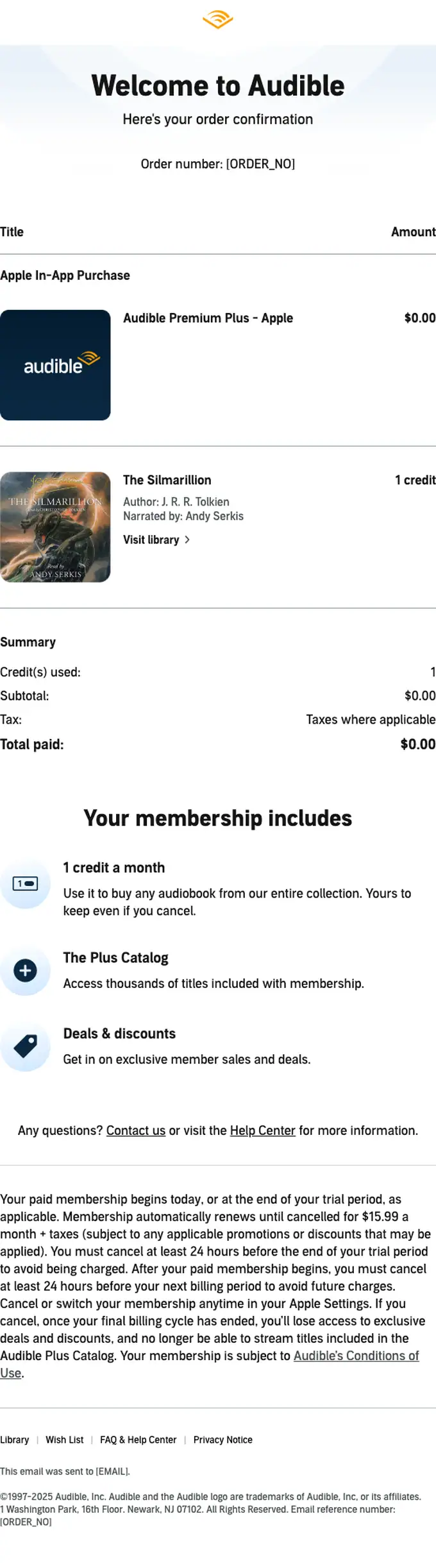 Audible.com order confirmation email, full length