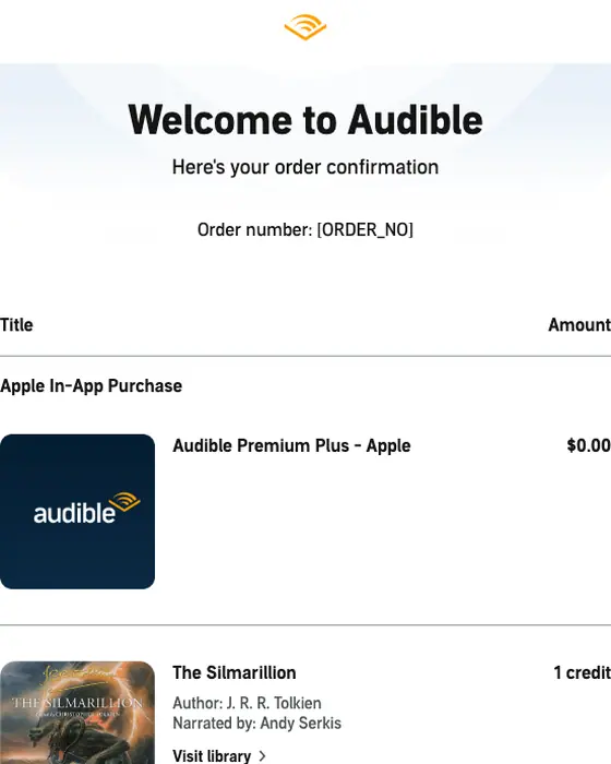 Audible.com order confirmation email