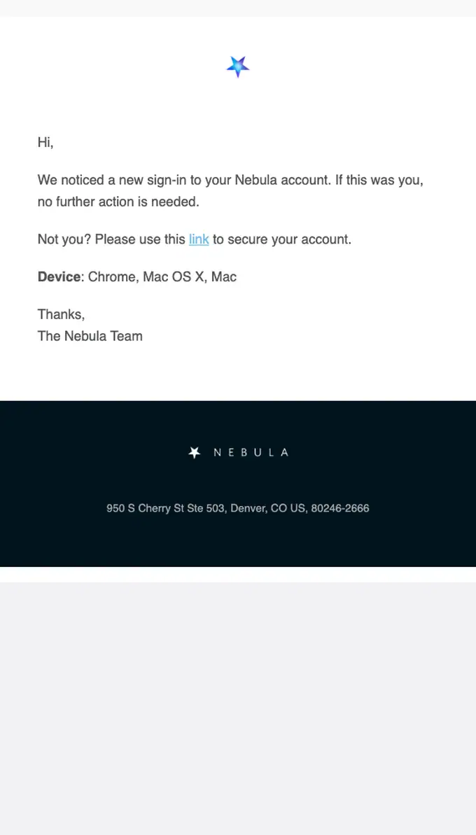 Nebula security alert email, full length
