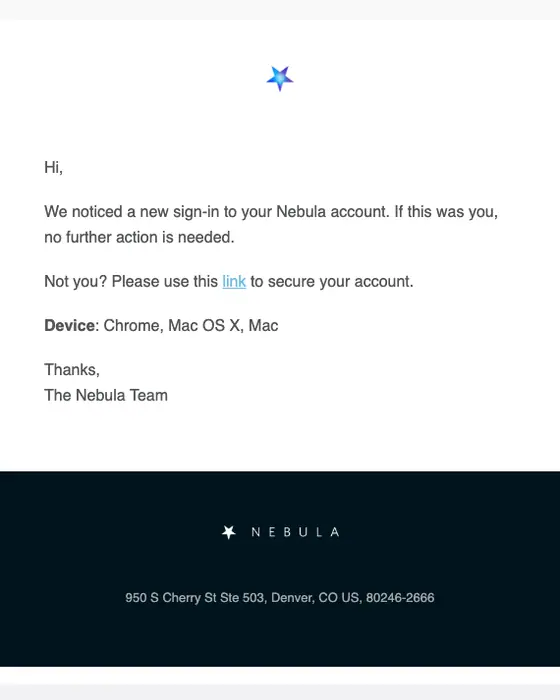 Nebula security alert email