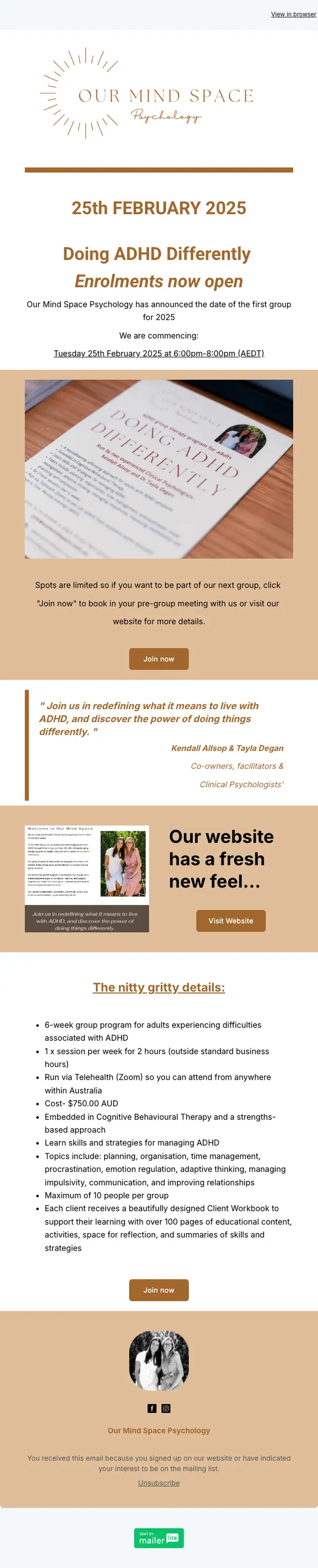 Our Mind Space Psychology event invite email, full length