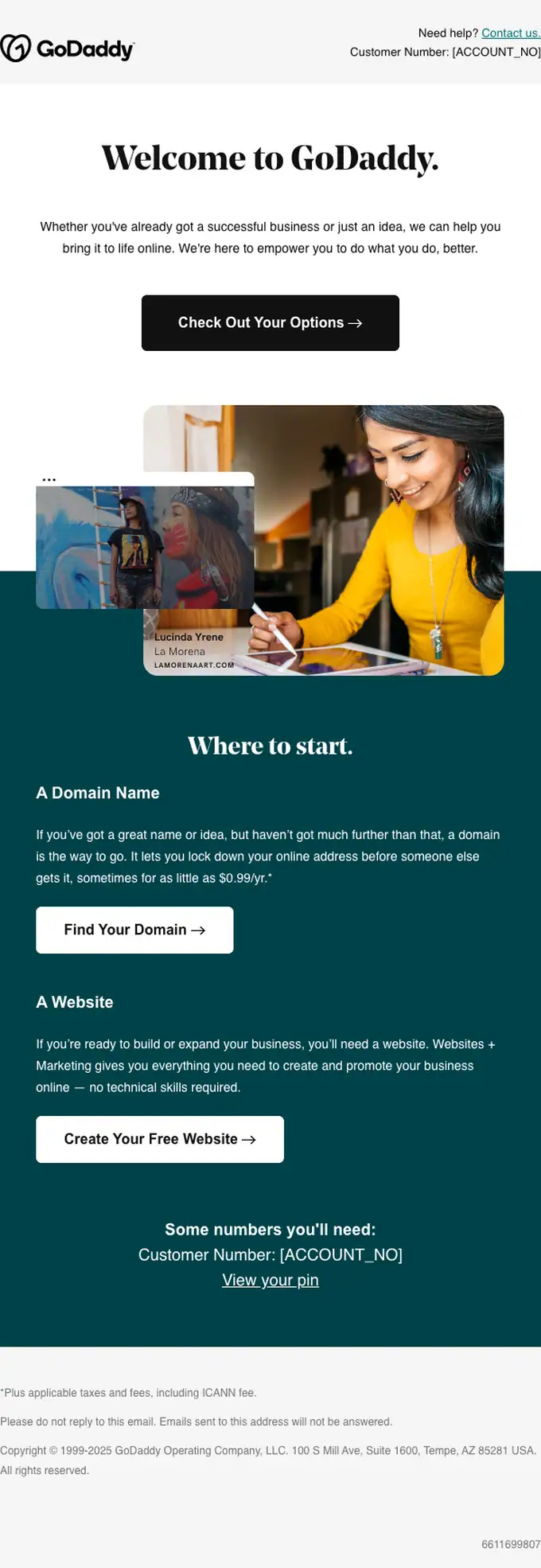GoDaddy welcome email, full length