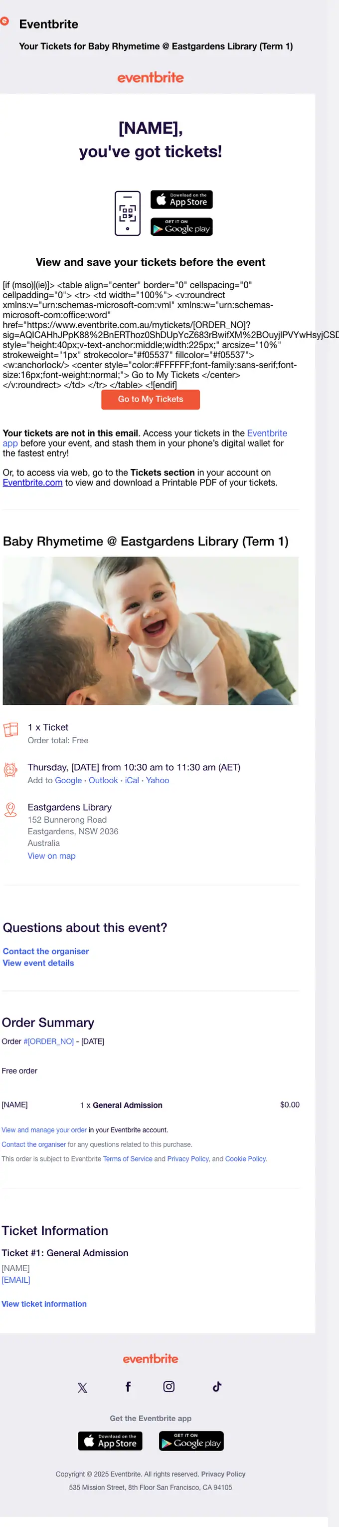 Eventbrite order confirmation email, full length