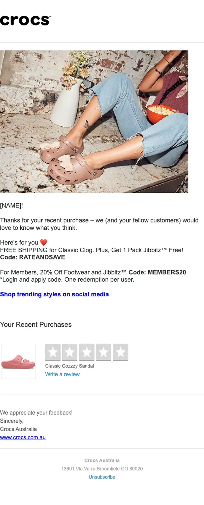Crocs Australia survey email, full length