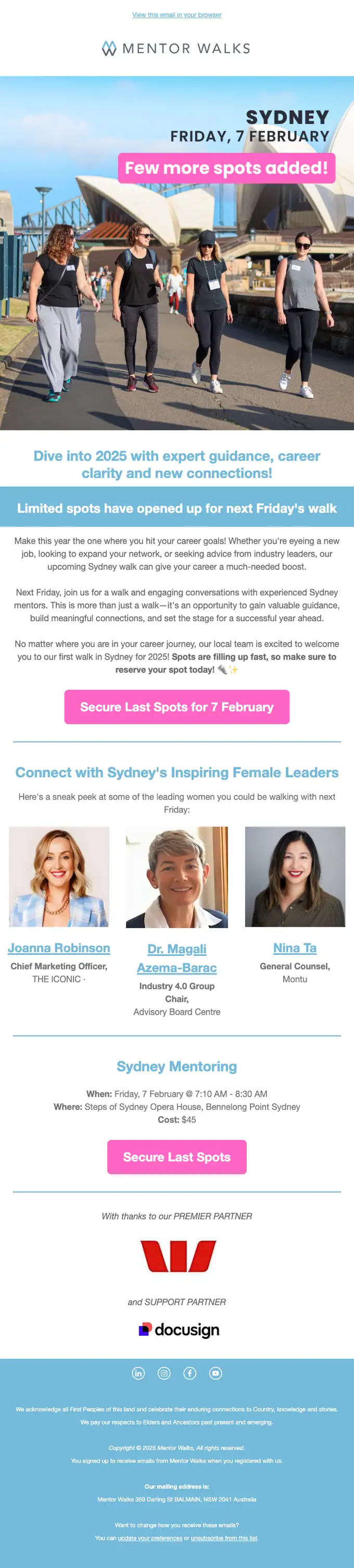 Mentor Walks event invite email, full length