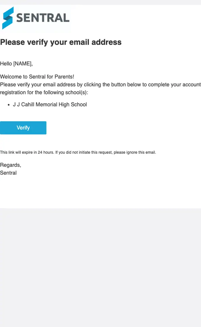 Sentral for Parents email verification email, full length