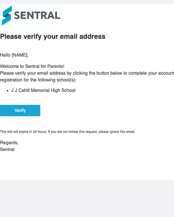 Sentral for Parents email verification email