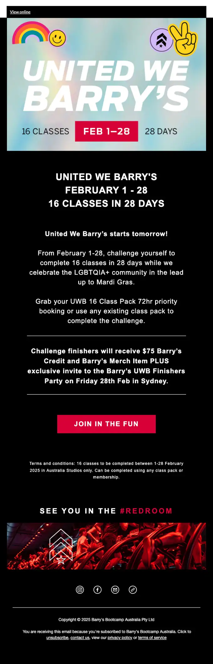 Barry's Bootcamp event invite email, full length