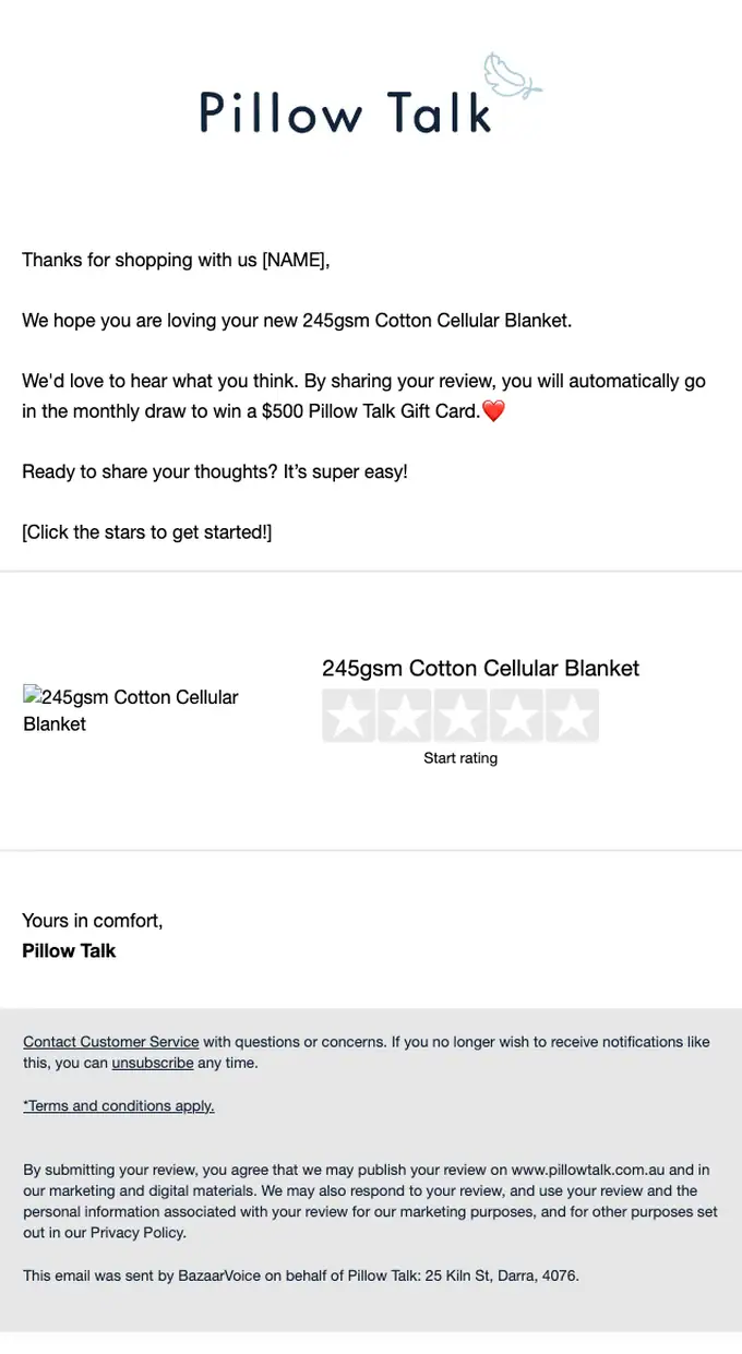 Pillow Talk survey email, full length