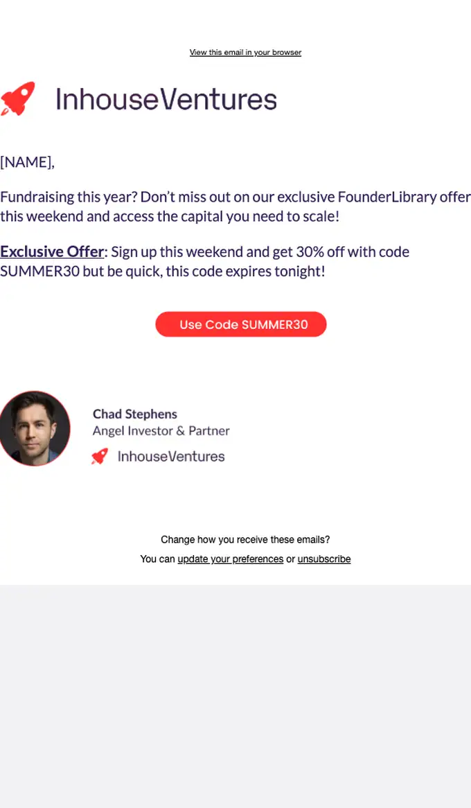 Inhouse Ventures discount offer email, full length