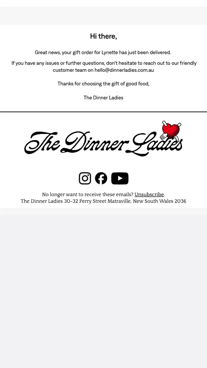 The Dinner Ladies delivery email, full length