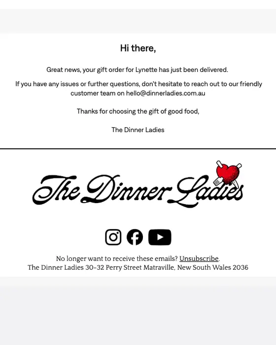 The Dinner Ladies delivery email