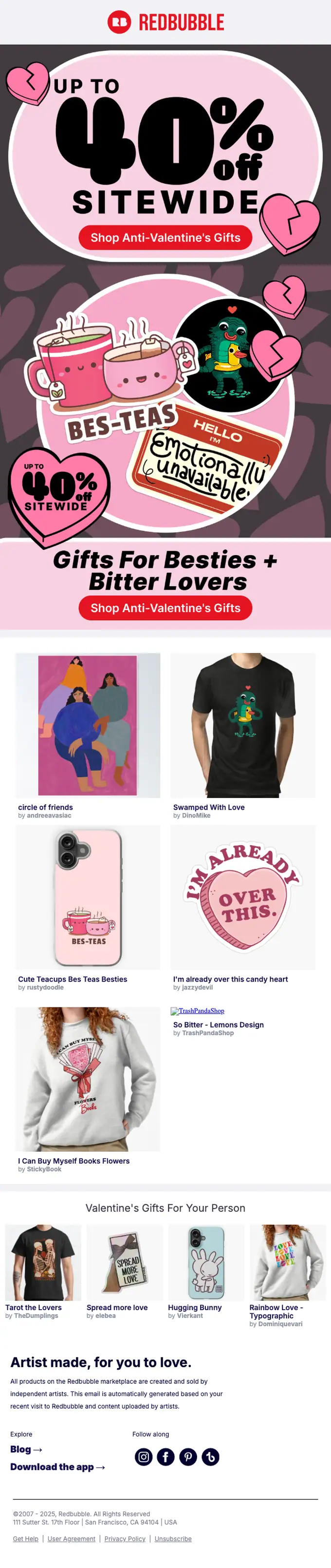 Redbubble promotional email, full length