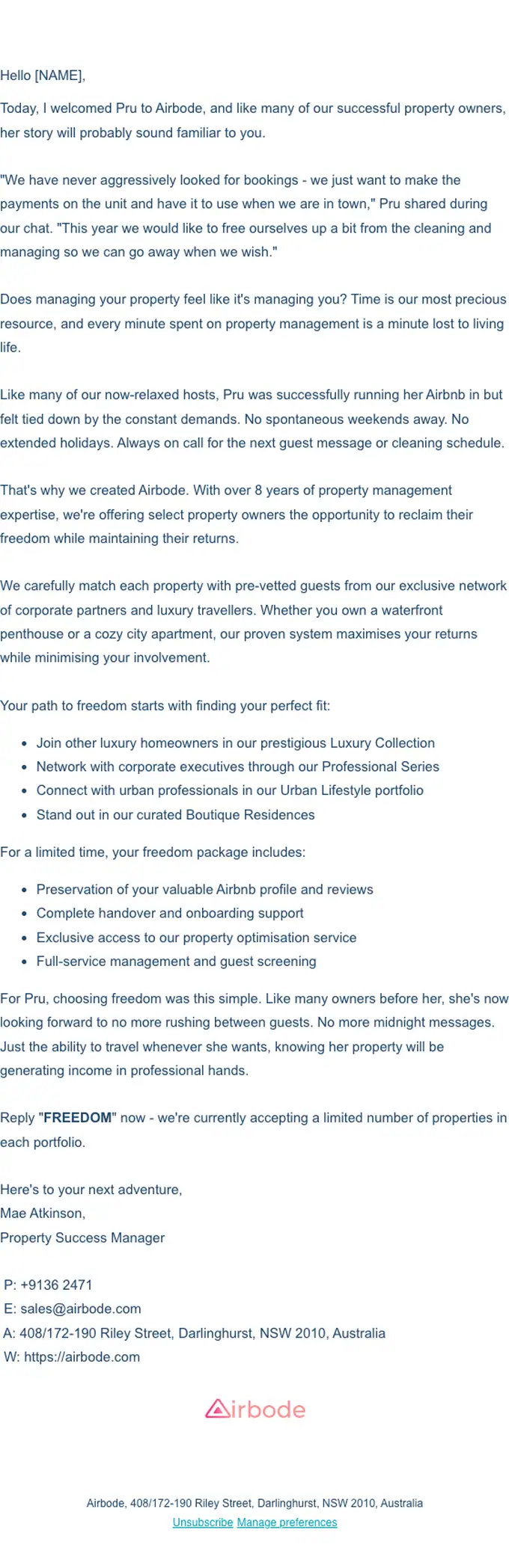 Airbode Property promotional email, full length