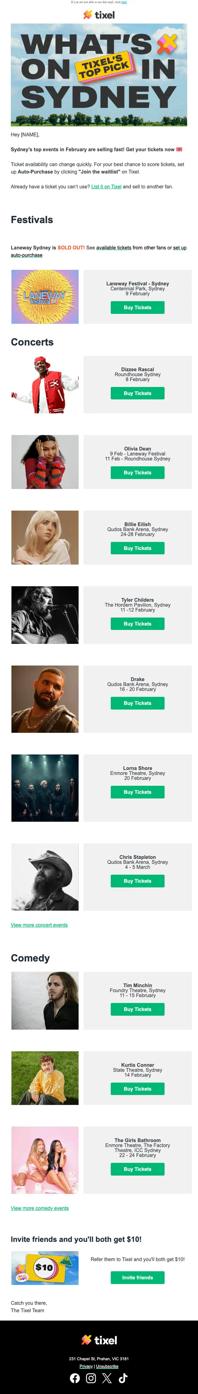 Tixel promotional email, full length