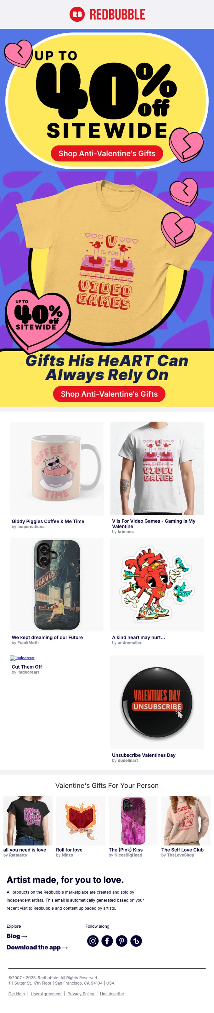 Redbubble promotional email, full length