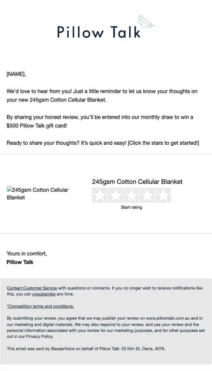 Pillow Talk survey email, full length