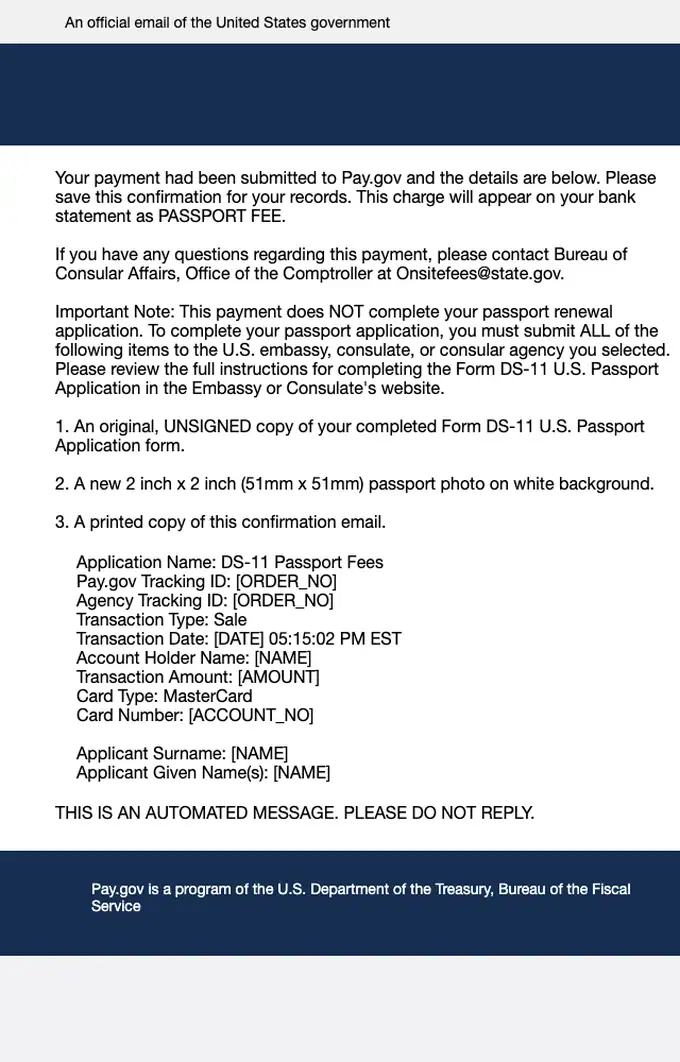 Pay.gov payment confirmation email, full length