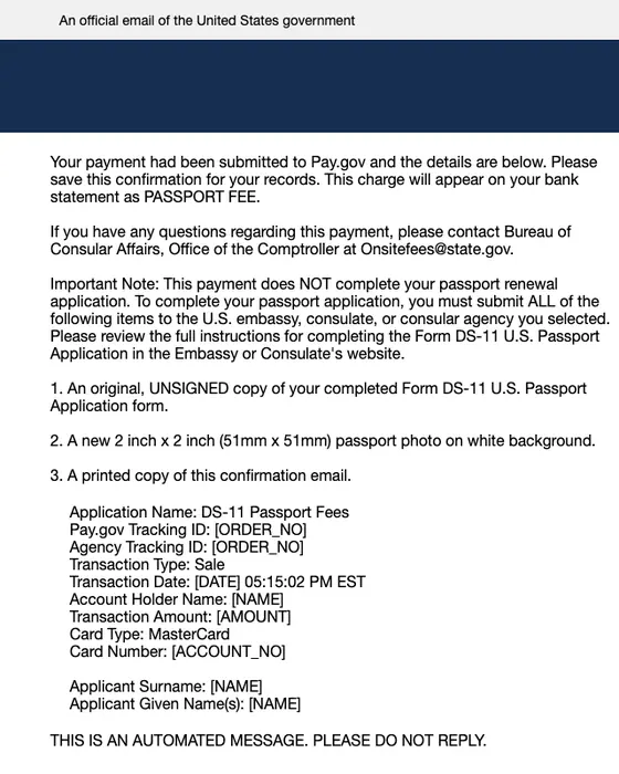 Pay.gov payment confirmation email