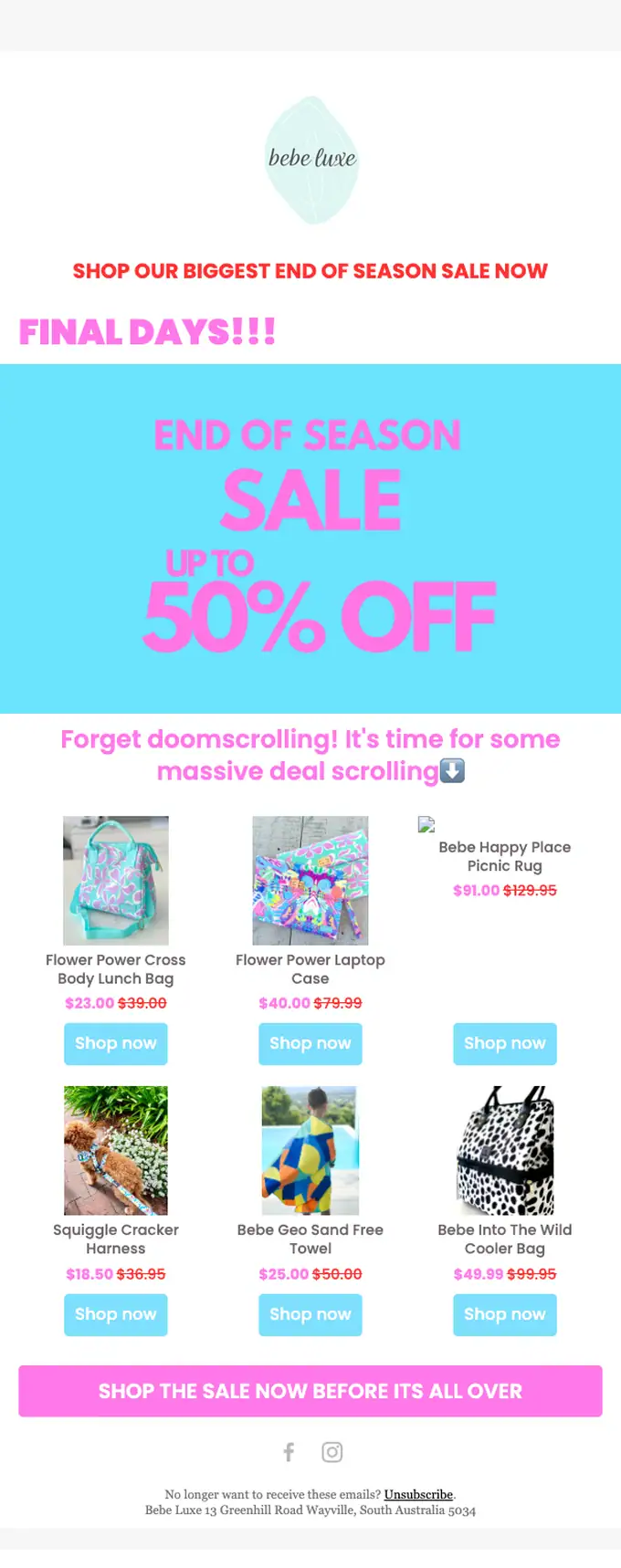 Bebe Luxe sale email, full length