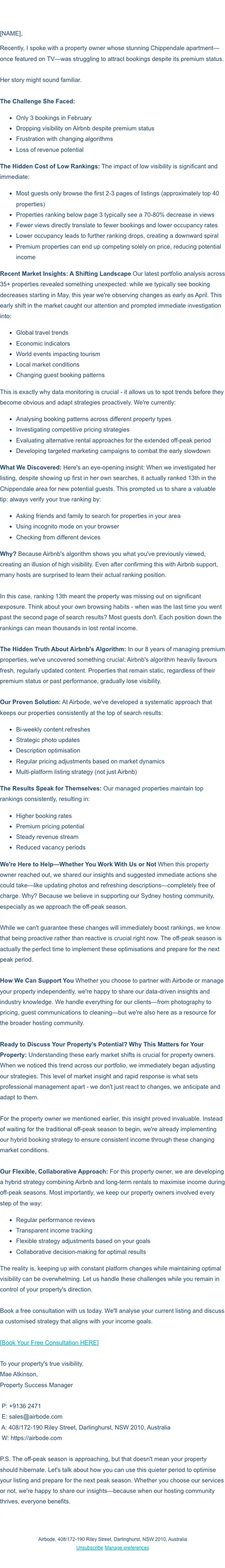 Airbode Property promotional email, full length