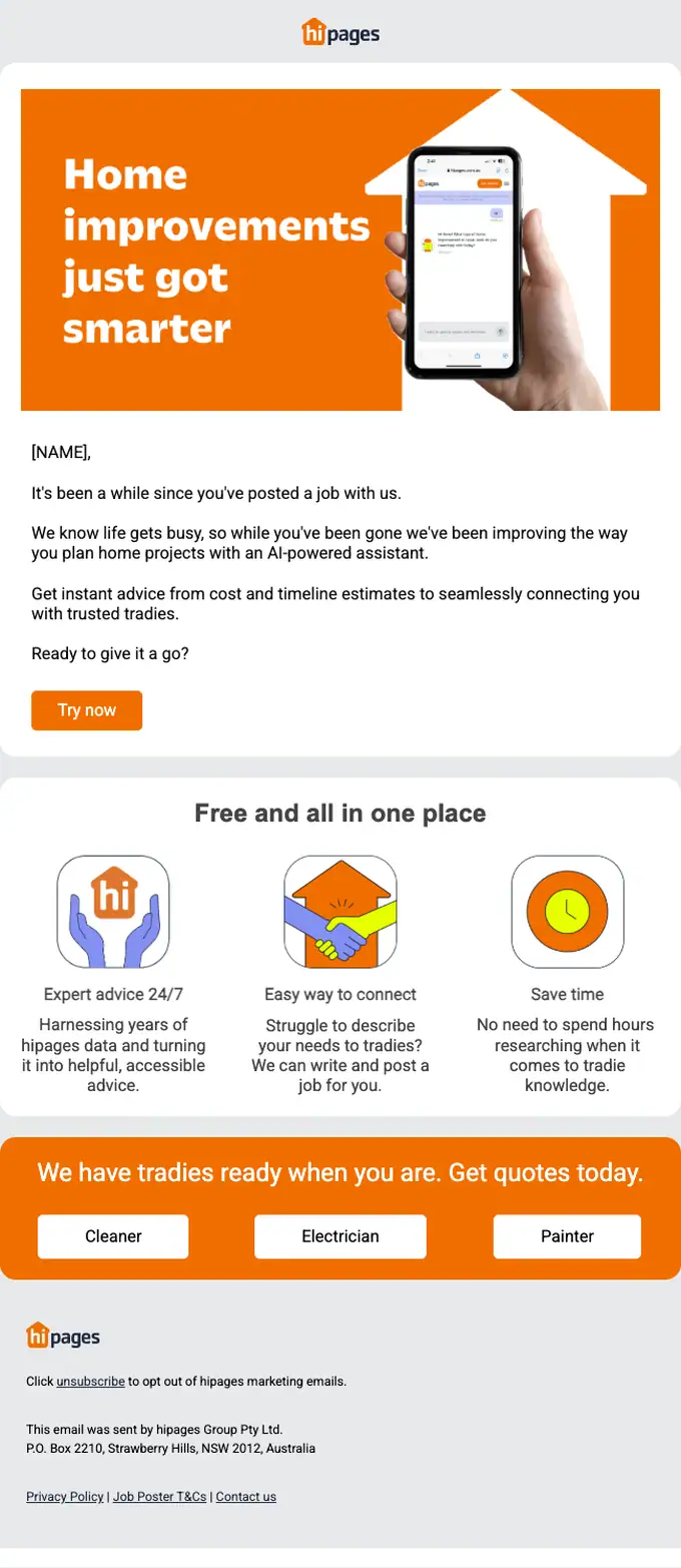 hipages re engagement email, full length