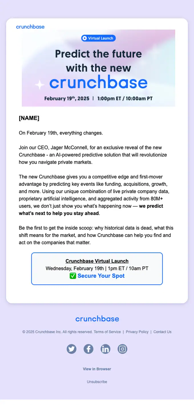 Crunchbase event invite email, full length