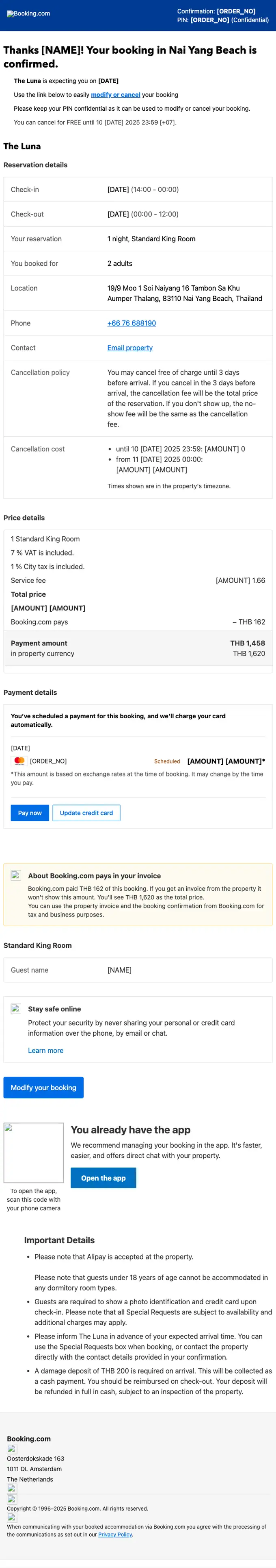 Booking.com booking confirmation email, full length