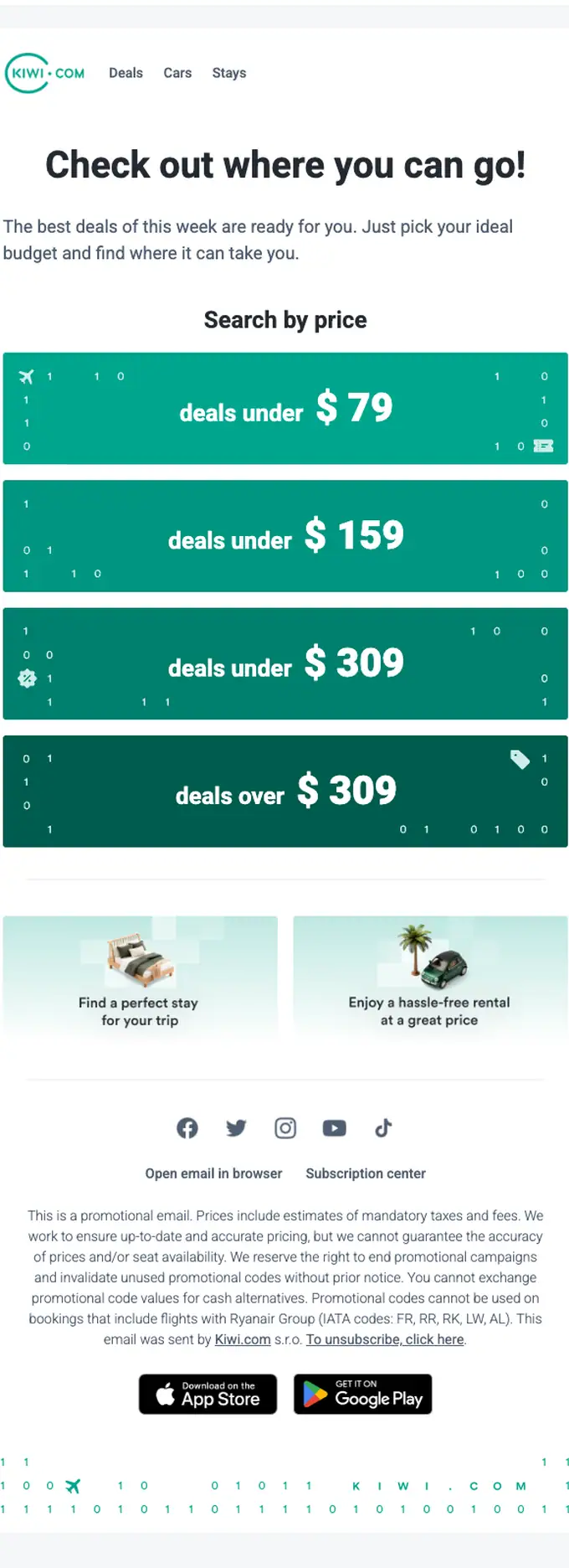 Kiwi.com price drop email, full length