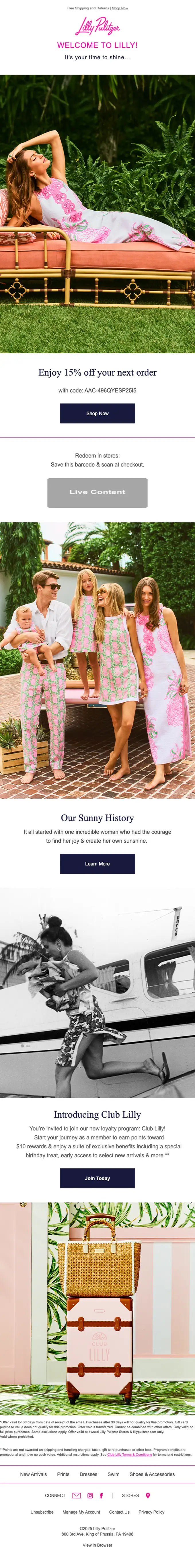 Lilly Pulitzer welcome email, full length