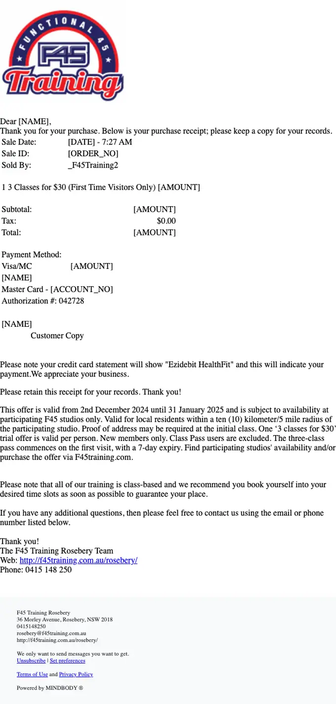 F45 Training Rosebery receipt email, full length
