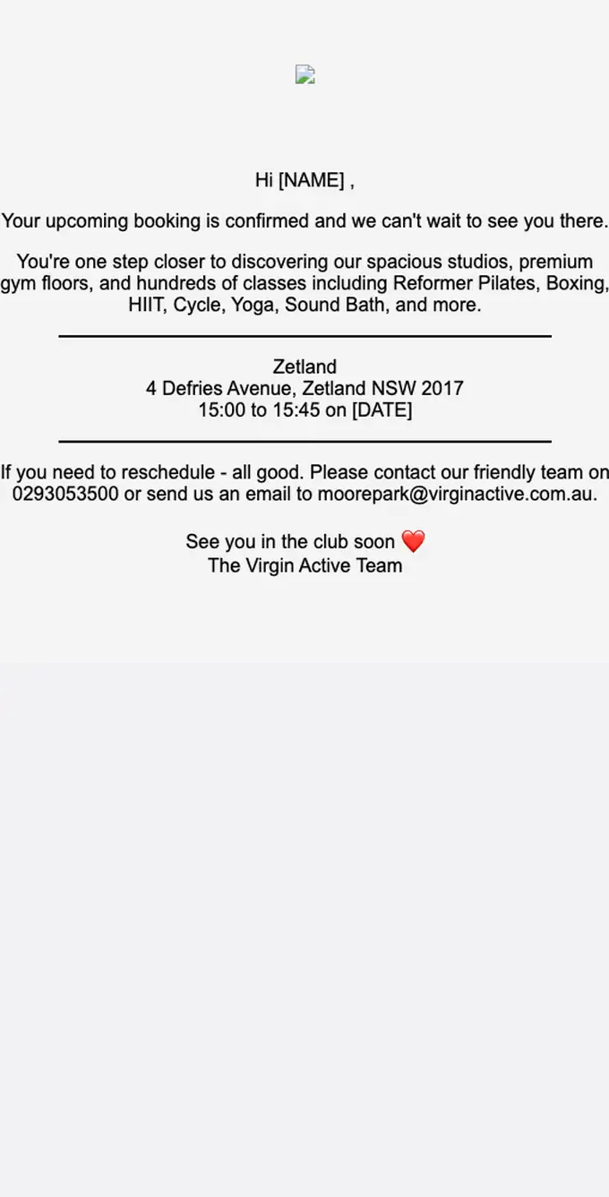 Virgin Active booking confirmation email, full length