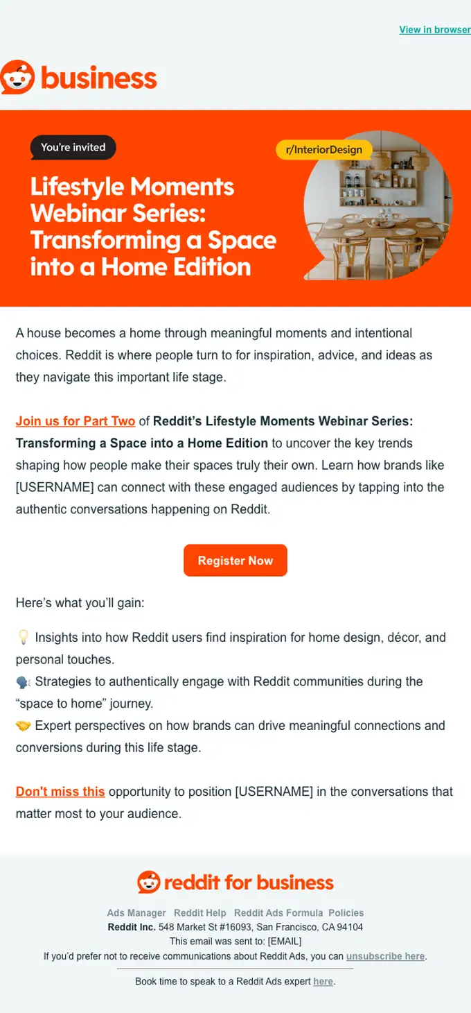 Reddit for Business webinar email, full length