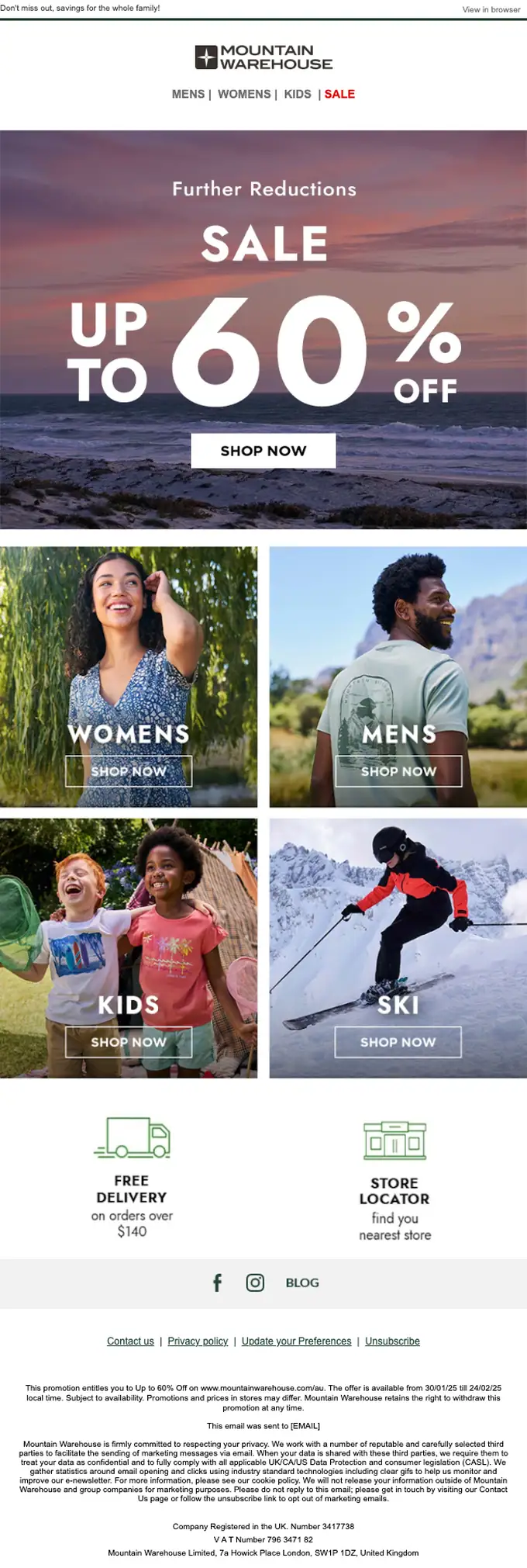 Mountain Warehouse sale email, full length