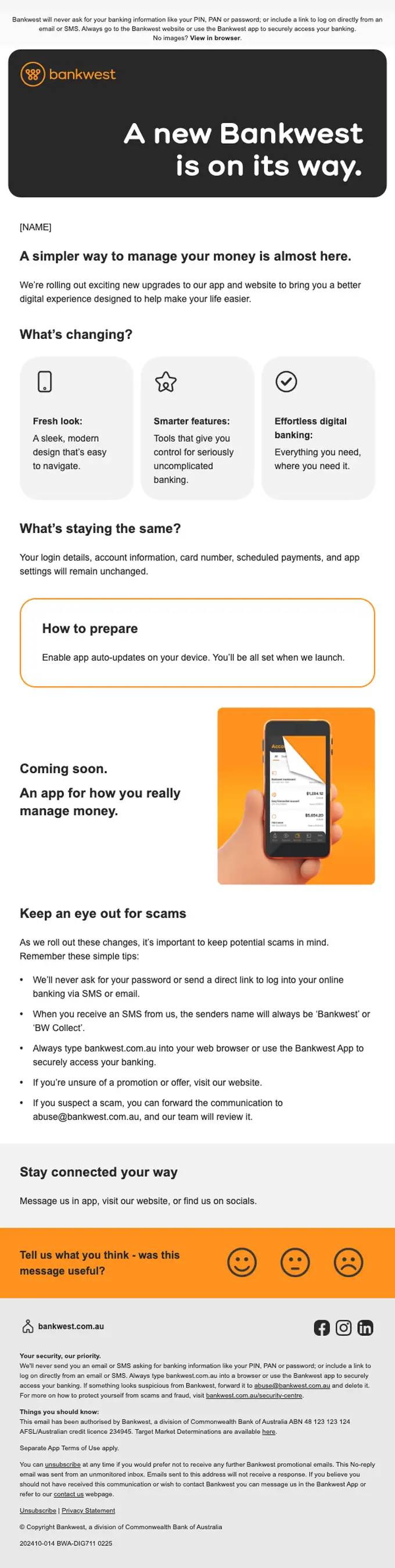 Bankwest account notice email, full length
