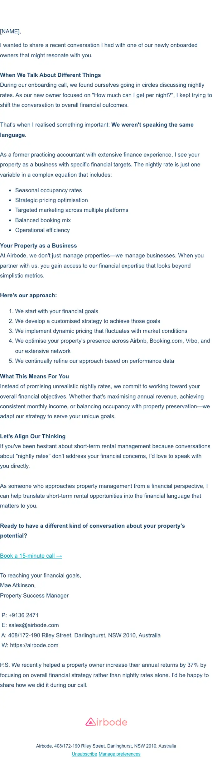 Airbode Property promotional email, full length