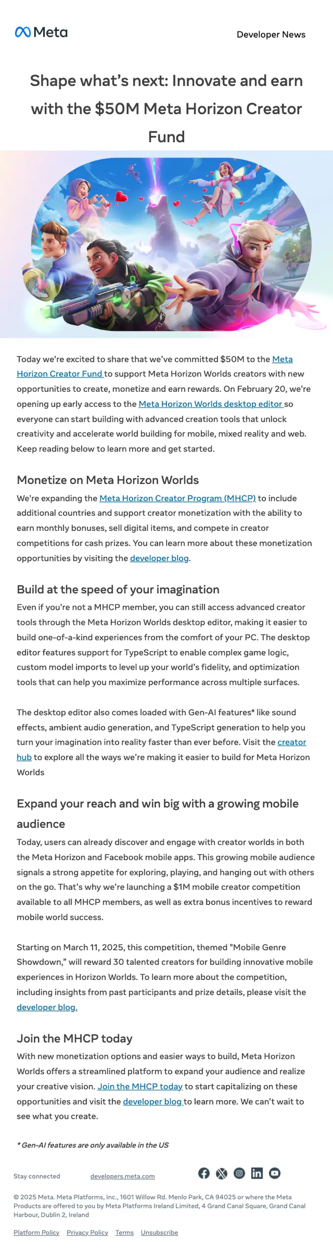 Meta for Developers product launch email, full length