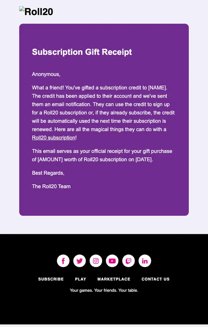 Roll20 receipt email, full length