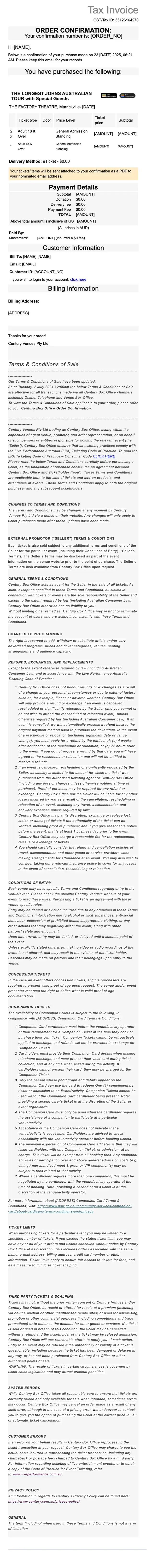 Century Box Office order confirmation email, full length