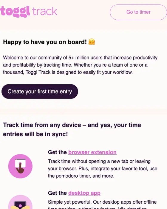Toggl Track welcome email