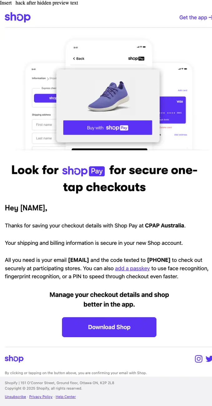 Shop Pay welcome email, full length
