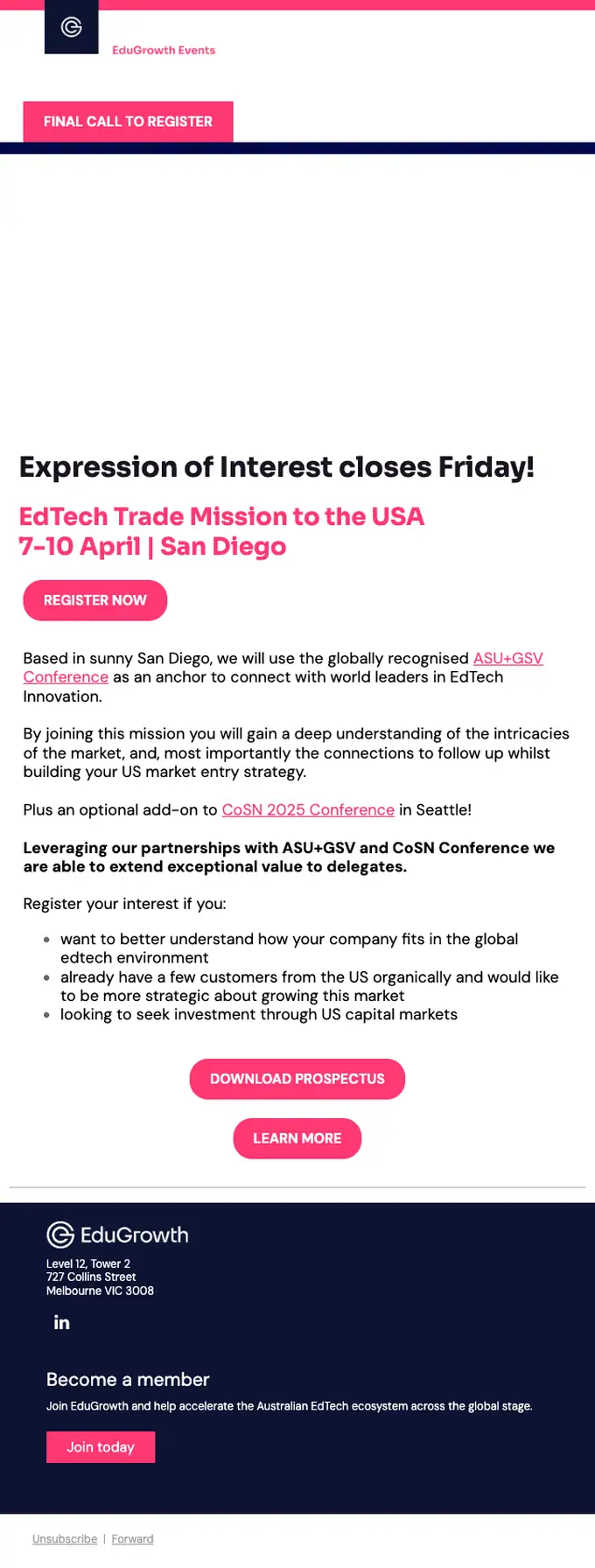EduGrowth event invite email, full length